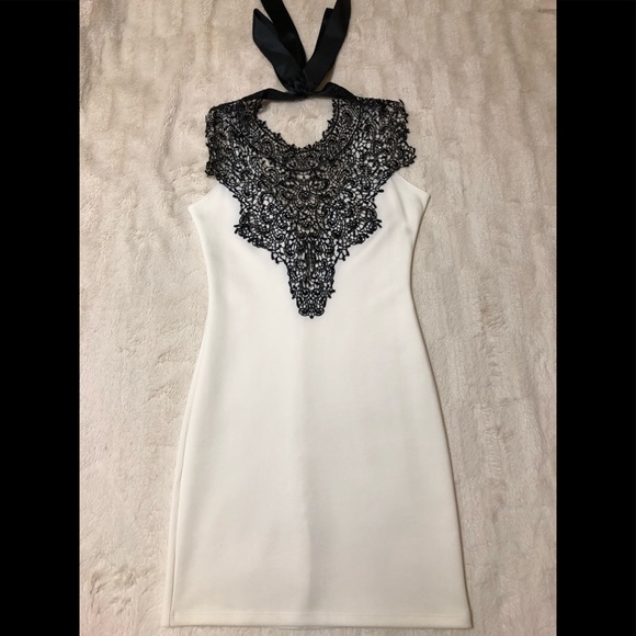 White Dress with Black Lace Deep V Neck (NWOT) - Picture 1 of 6